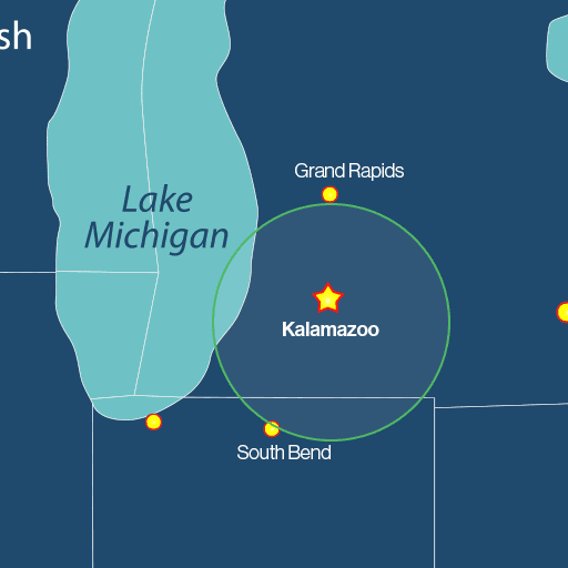 AHI Group service area map centered on Kalamazoo